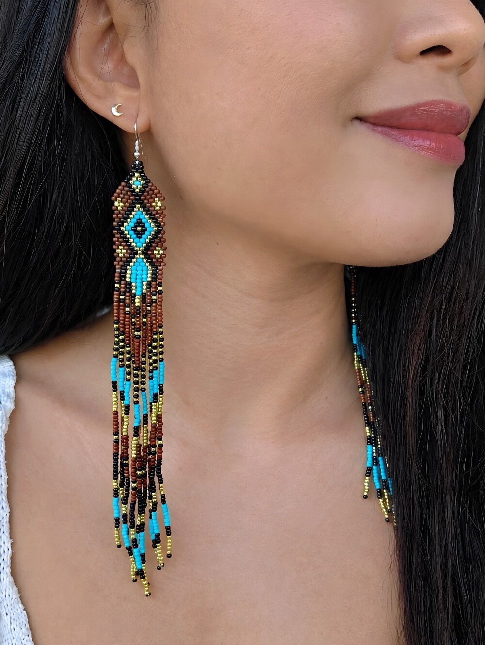 Lonestar Southwestern Boho Beaded Fringe Earrings Handmade Long - Brown Blue